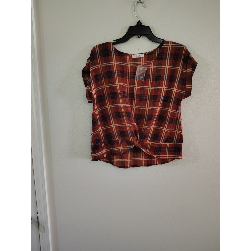 E&M Plaid Twist Front Short Sleeve Top Rust Orange Navy Cream Size Large